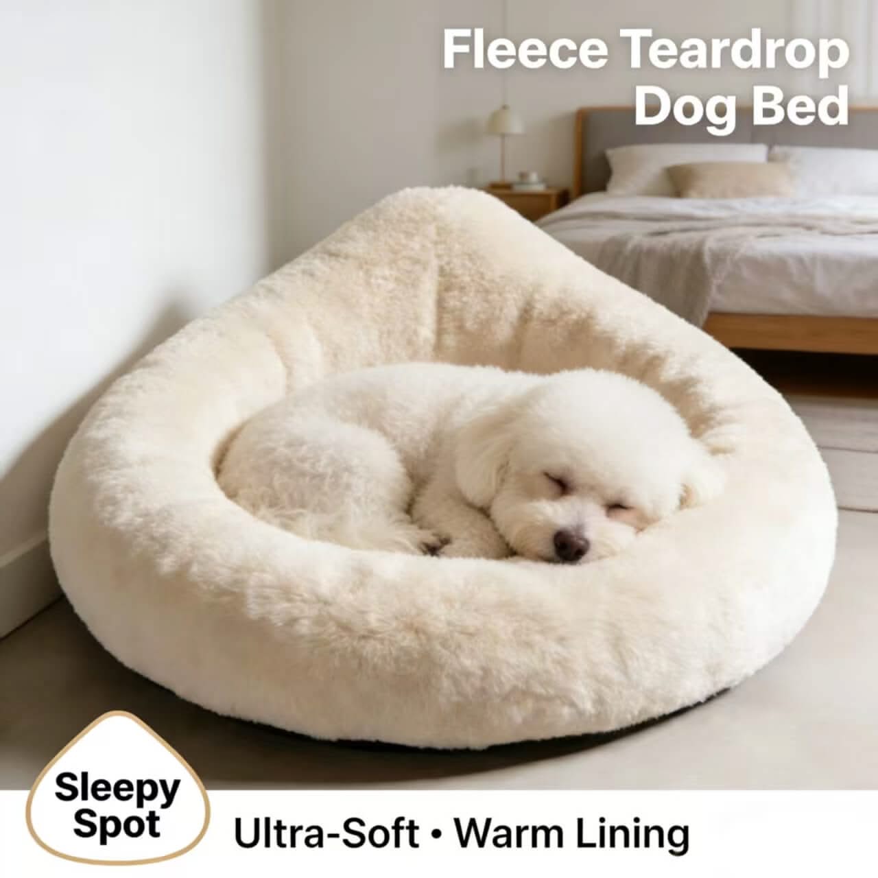 Sleepy-Spot Pet Bed for Dogs - Beige Fleece Teardrop, Ultra-Soft, Warm Lining