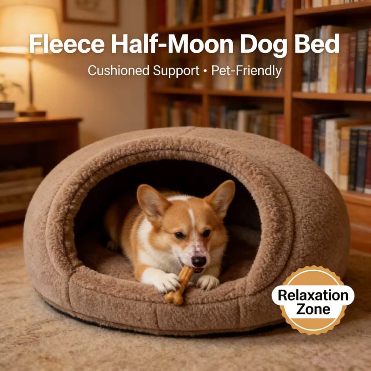 Relaxation-Zone Pet Bed for Dogs - Tan Fleece Half-Moon, Cushioned Support, Pet-Friendly
