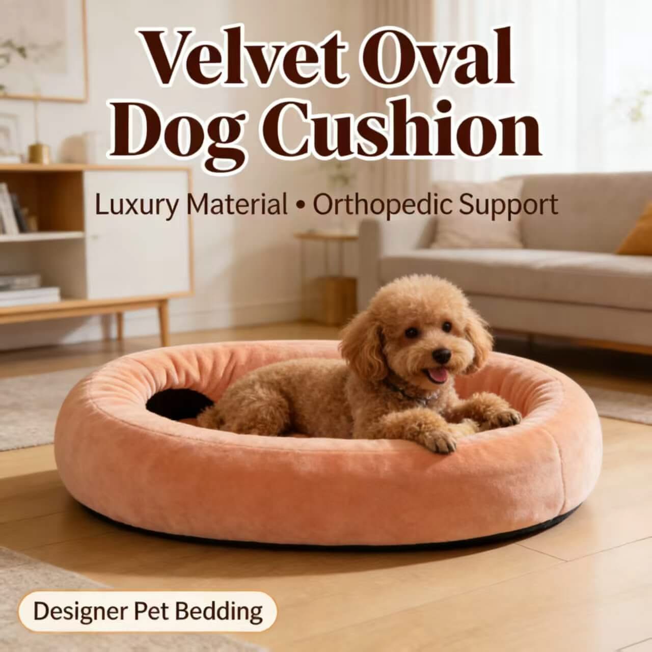 Designer Pet Bed for Dogs - Peach Velvet Oval, Luxury Material, Orthopedic Support