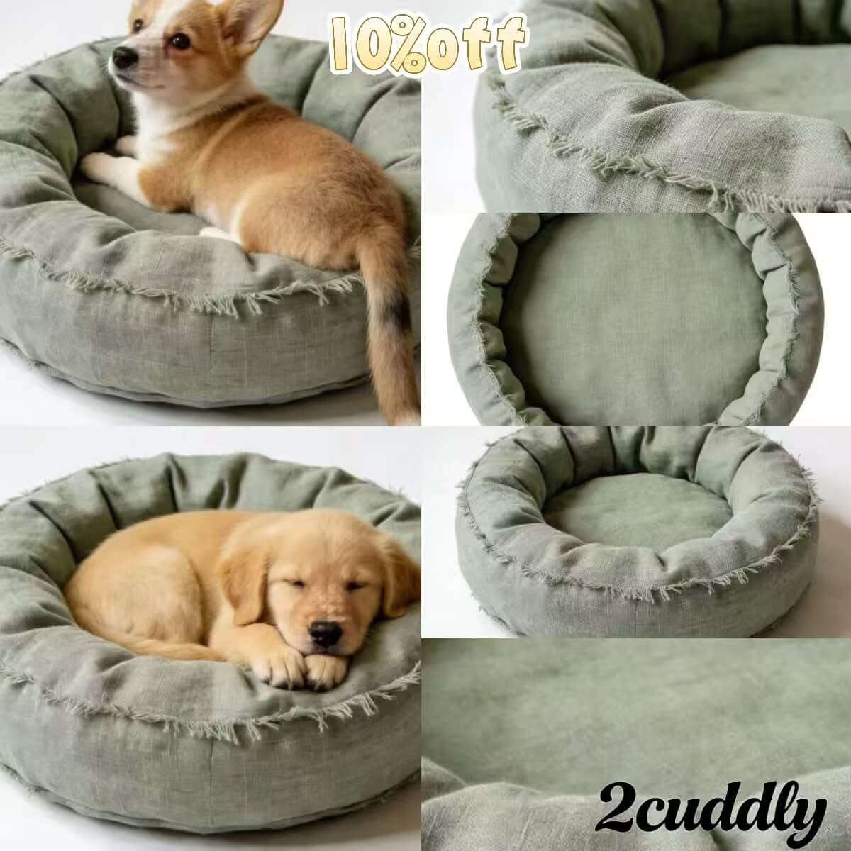 Outdoor-Ready Pet Bed for Dogs - Green Linen Round, Breathable Fabric, Natural Texture