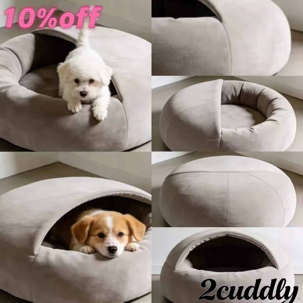 Enclosed-Space Pet Bed for Dogs - Beige Velvet Cave, Soft Surface