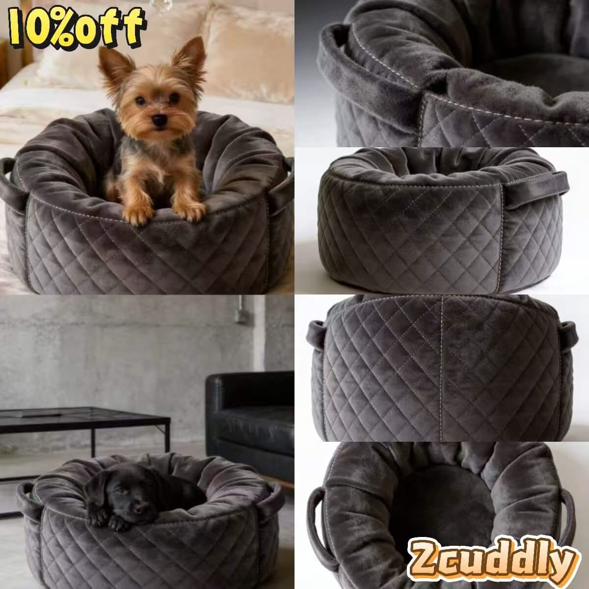 Quilted Dog Bed , Velvet Fabric Diamond Stitch Grey for Small-Medium Dogs