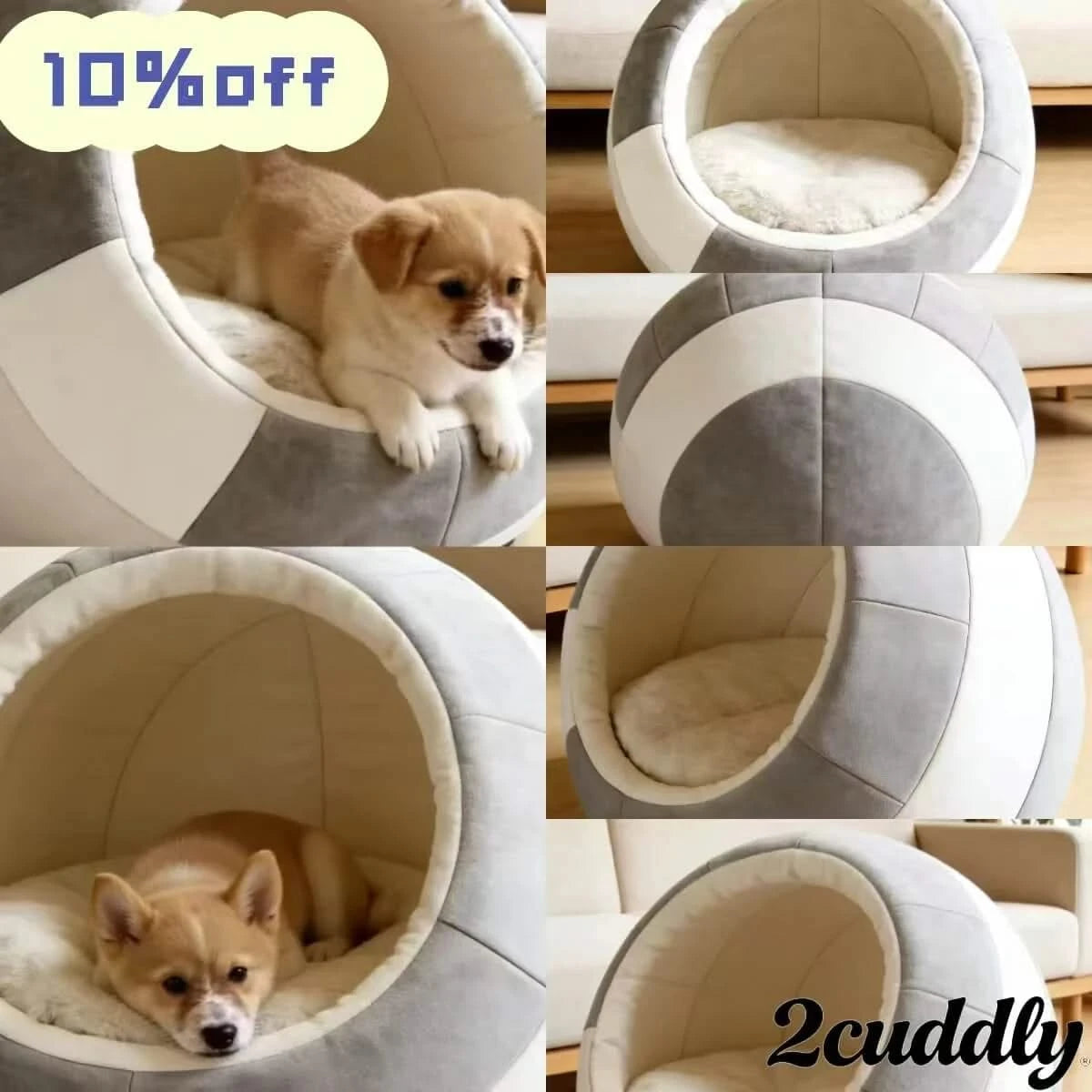 Zen Space Dog Bed, Cave Design, Patchwork, Gray/White, Durable Fabric, Minimalist Nest