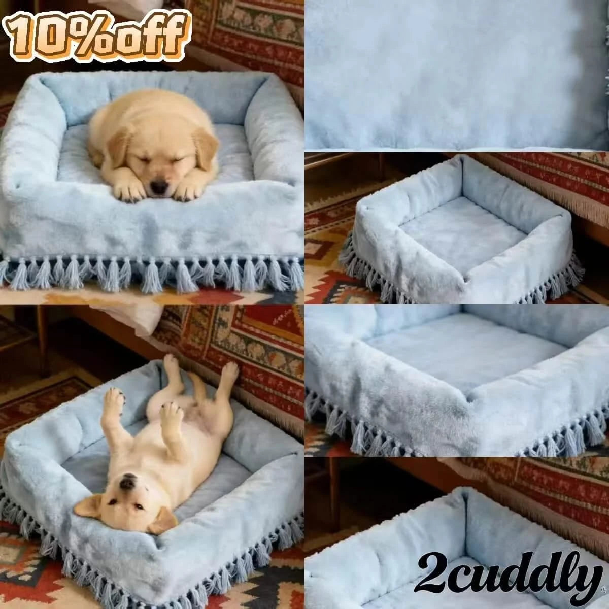 Exotic Charm Dog Bed, Square Design, Tassel Trim, Blue, Bohemian Style, Warm Nest