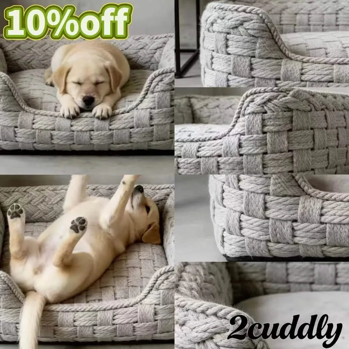 Urban Living Dog Bed, Square Design, Handmade Woven, Gray, Sturdy Structure