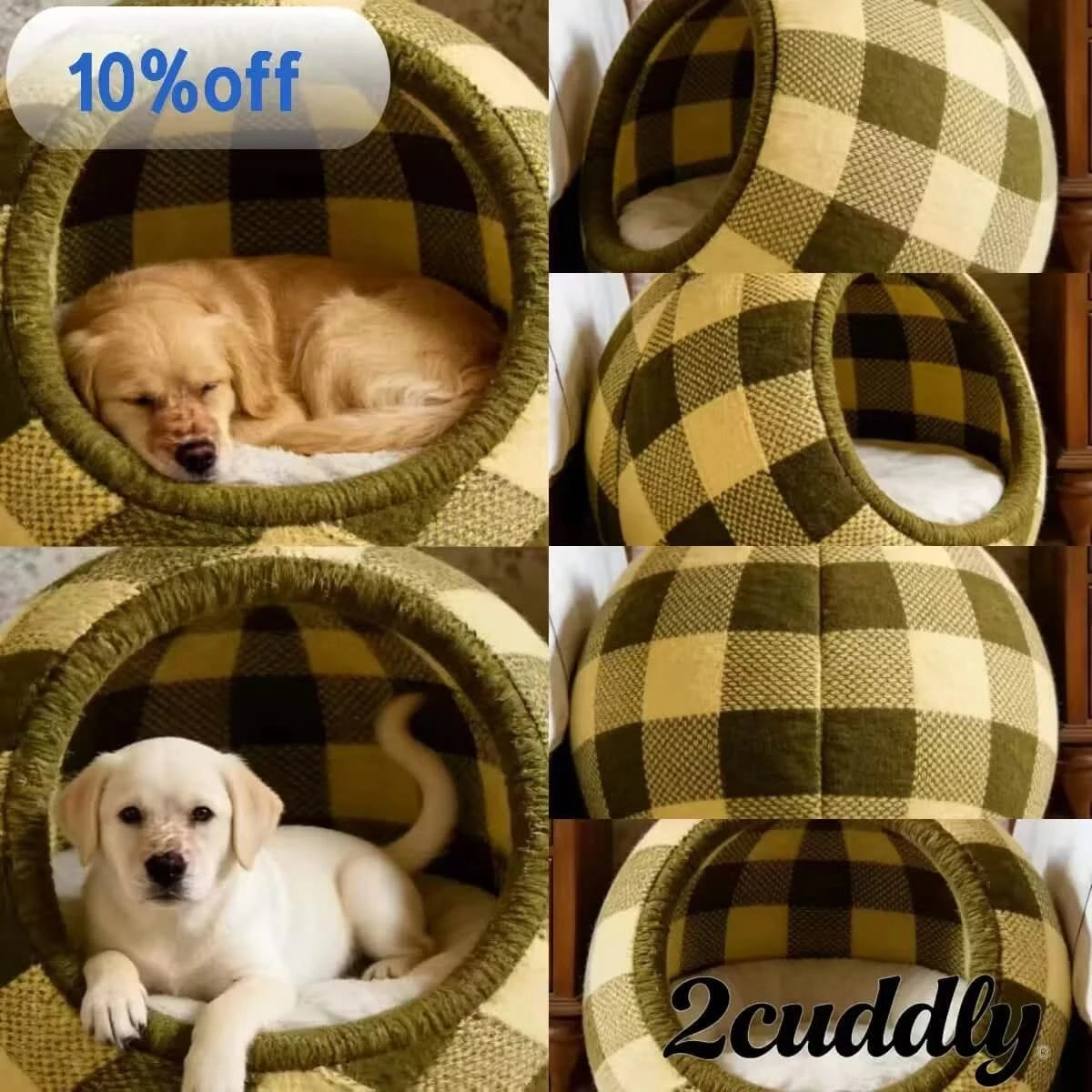 Woven Dog Bed, Cave Design, Breathable Fabric, Green/Yellow Plaid
