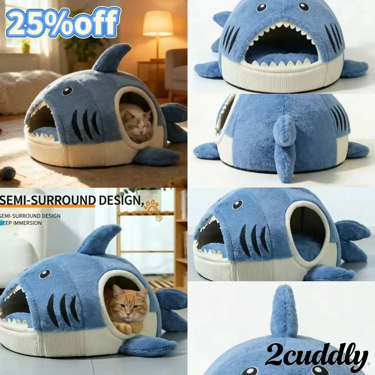  Cat Bed, Shark Shape, Fluffy Plush, Blue/White, Open Mouth Entrance, All-Season