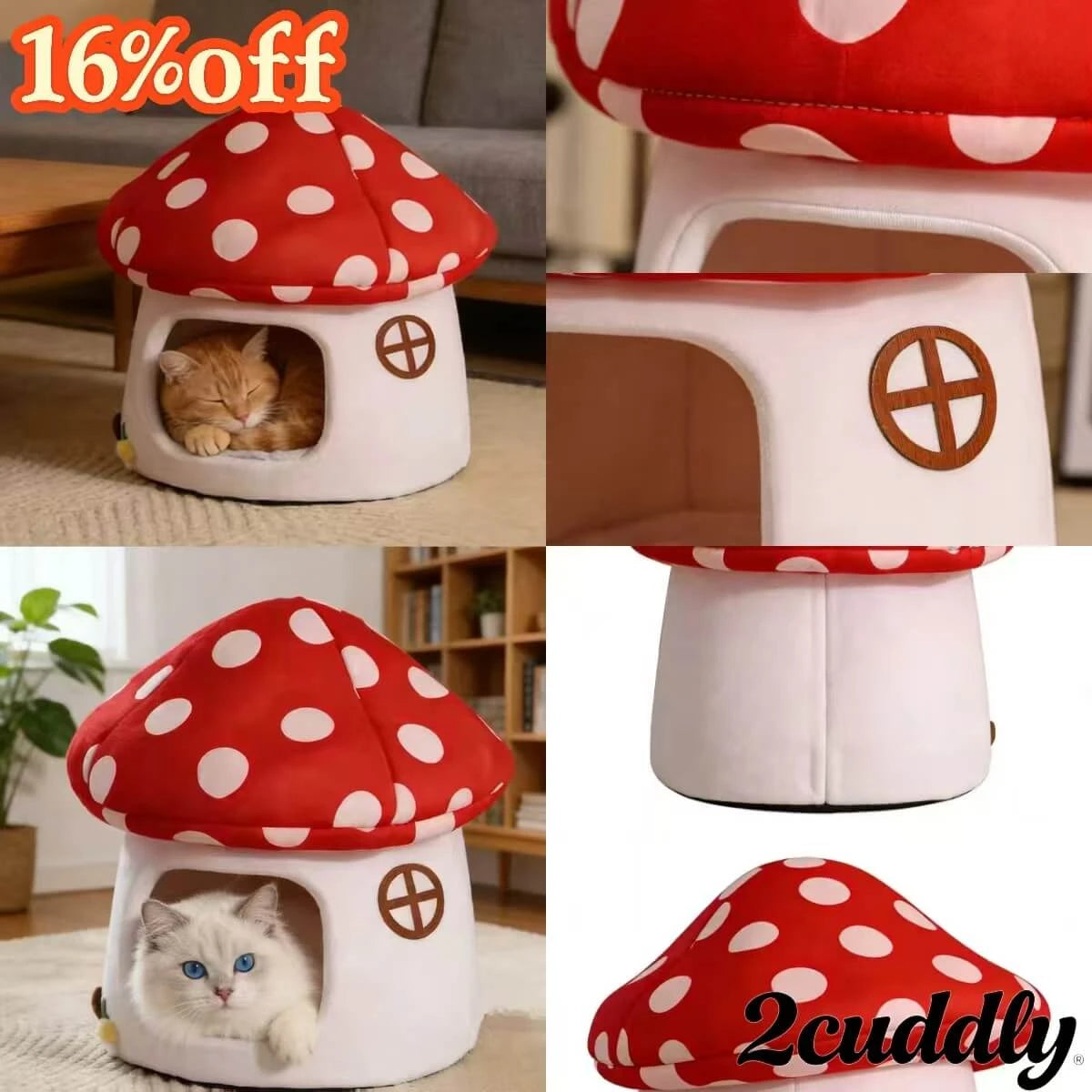 Cool Sleep Mushroom Cat Bed: Red-White Polka Dot, Plush Hideaway for Cats