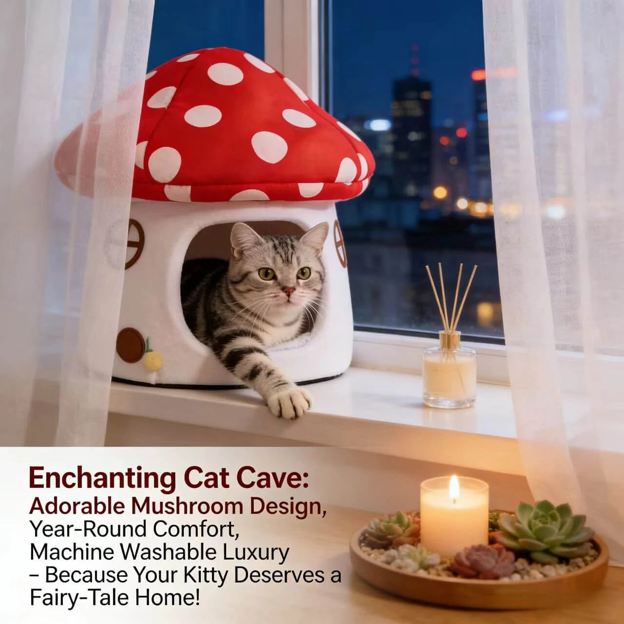 Cool Sleep Mushroom Cat Bed: Red-White Polka Dot, Plush Hideaway for Cats