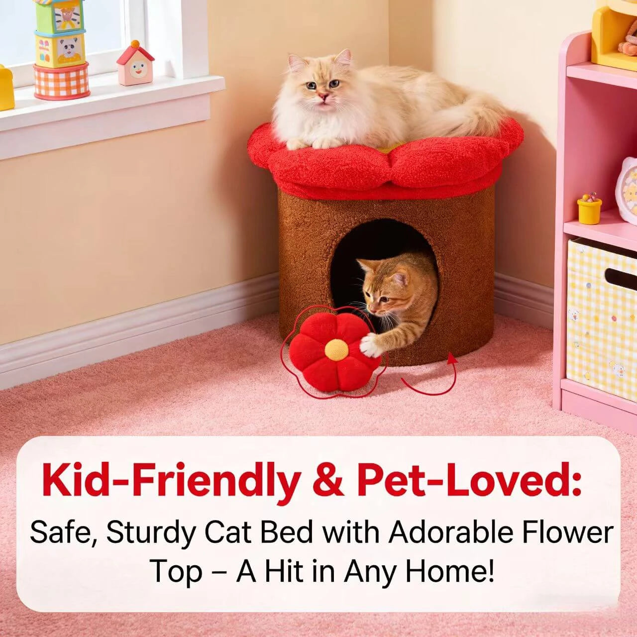 Dual-Space Interactive Cat Nest: Flower Top, Built-in Ball Toy,  Plush for Cats