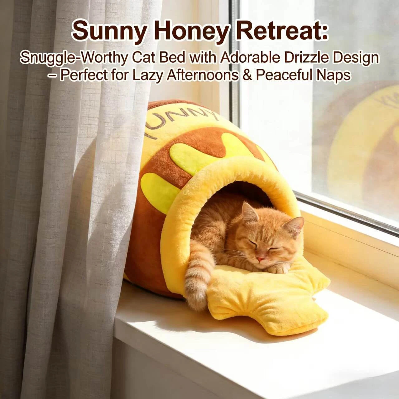 Cat Cave Bed, Honey Pot-Shaped, Yellow/Brown Plush, Small Cat Sleeping Nest
