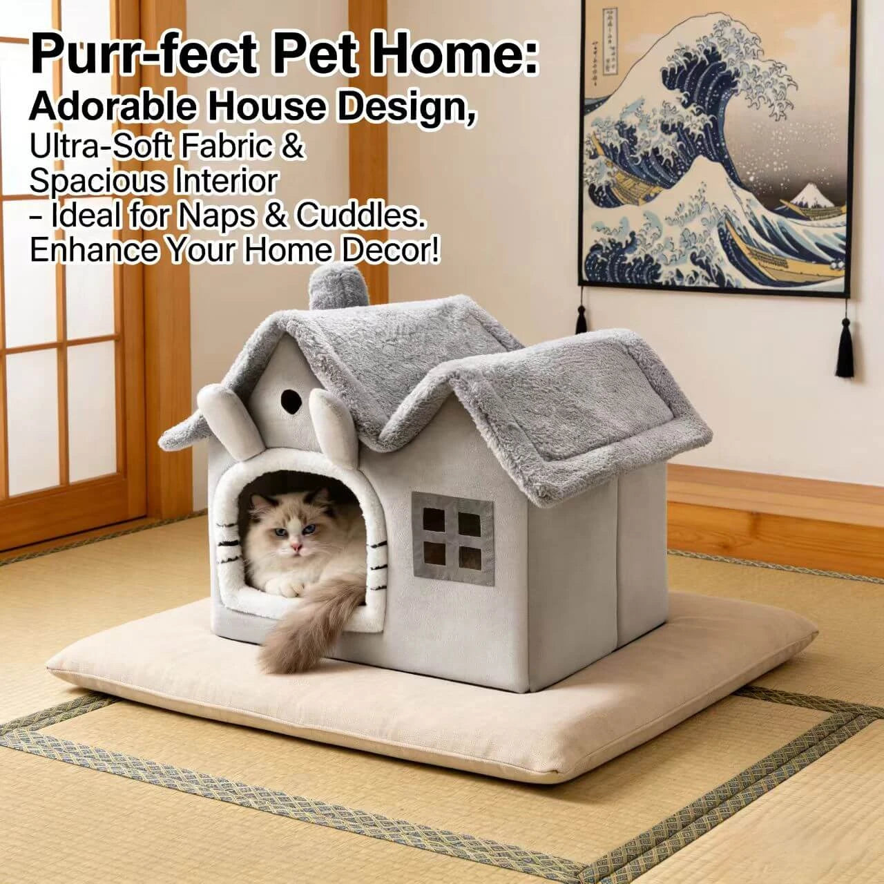 Comfortable House-Style Cat Nest: Gray Plush, Window Decor, Cute Design for Cats