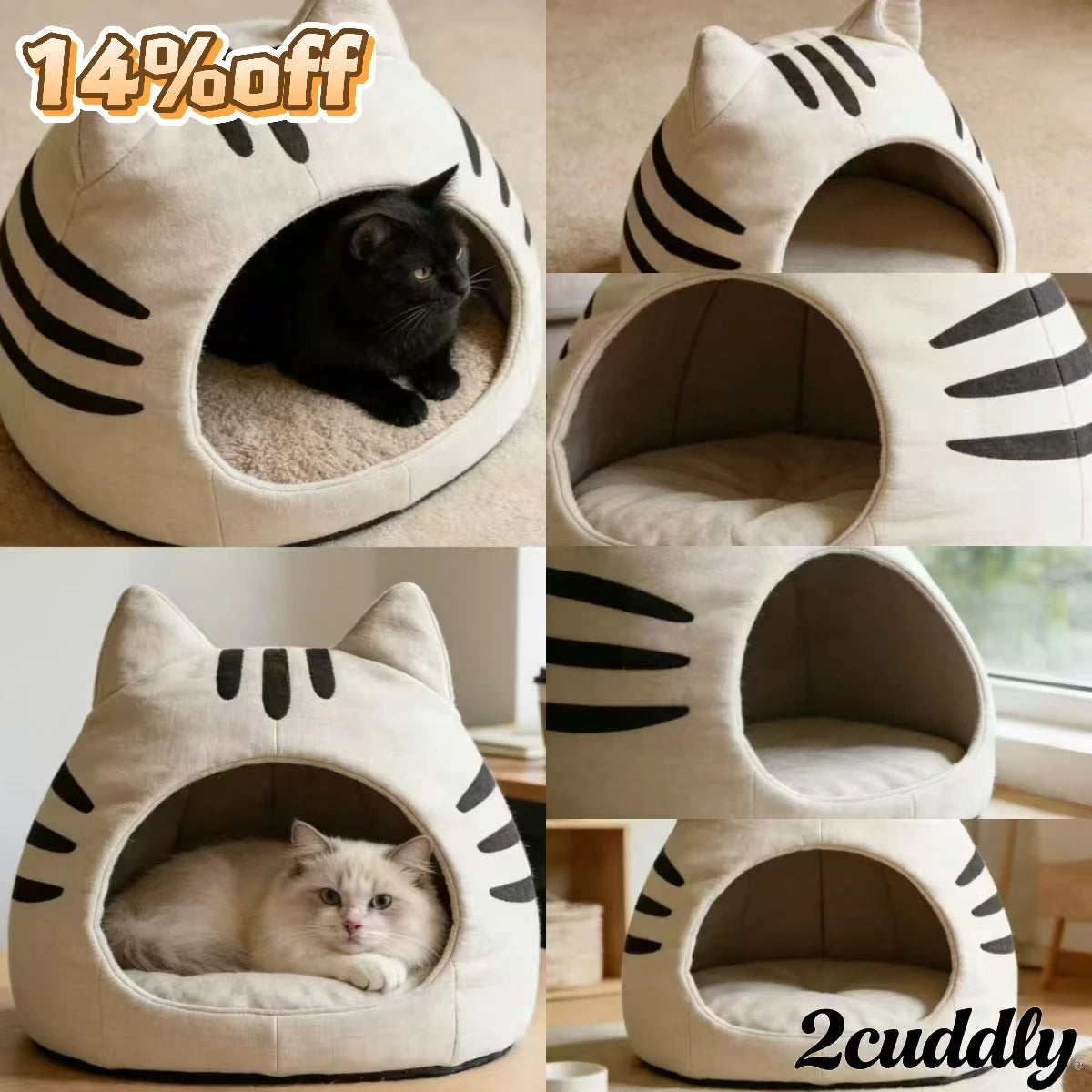 Cozy Pet Bed for Cats, Cat Ear Cave Design, Soft Fabric, White & Black Stripe, All-Season
