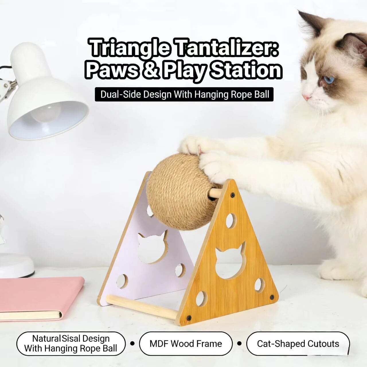 Scratching & Interactive Cat Scratcher Ball Toy - Hemp Rope, Wooden Frame, Cat Cutouts, Dual Colors