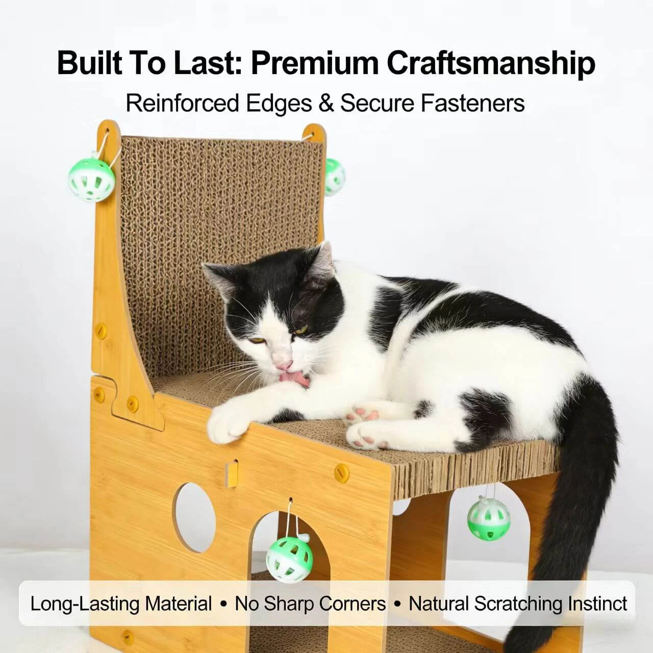 Scratching & Interactive Cat Scratcher Furniture for Cats - Corrugated/Wood, Bell Balls, Multi-Zone