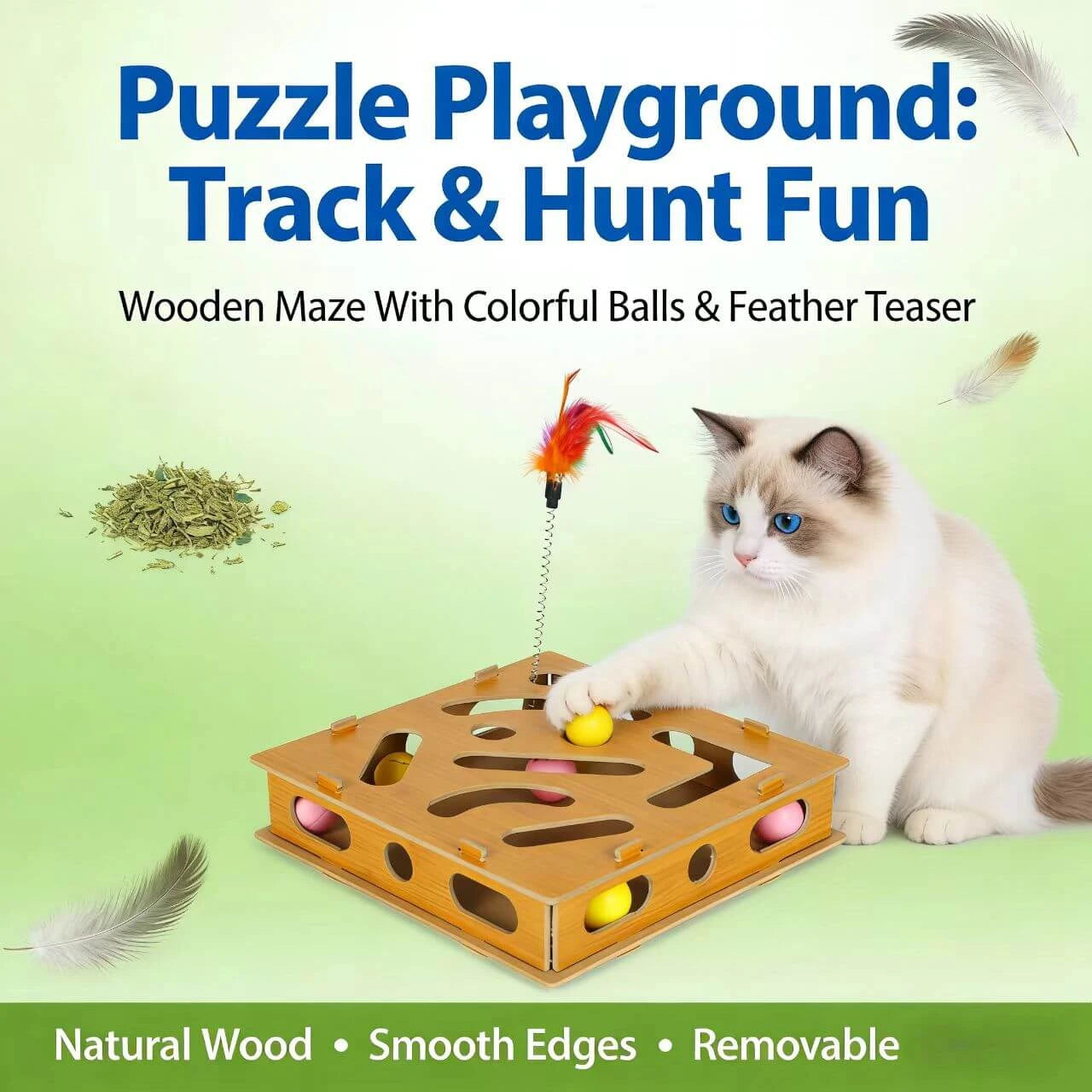 Interactive Puzzle Track Toy for Cats - Wooden Frame, Balls & Feather Teaser, Multi-Hole
