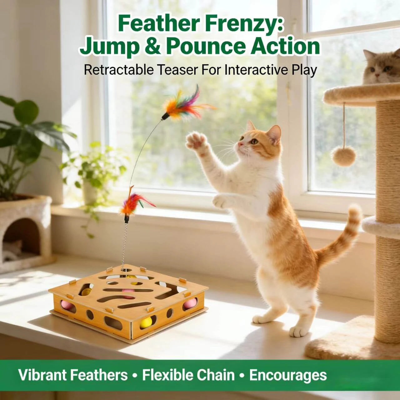 Interactive Puzzle Track Toy for Cats - Wooden Frame, Balls & Feather Teaser, Multi-Hole