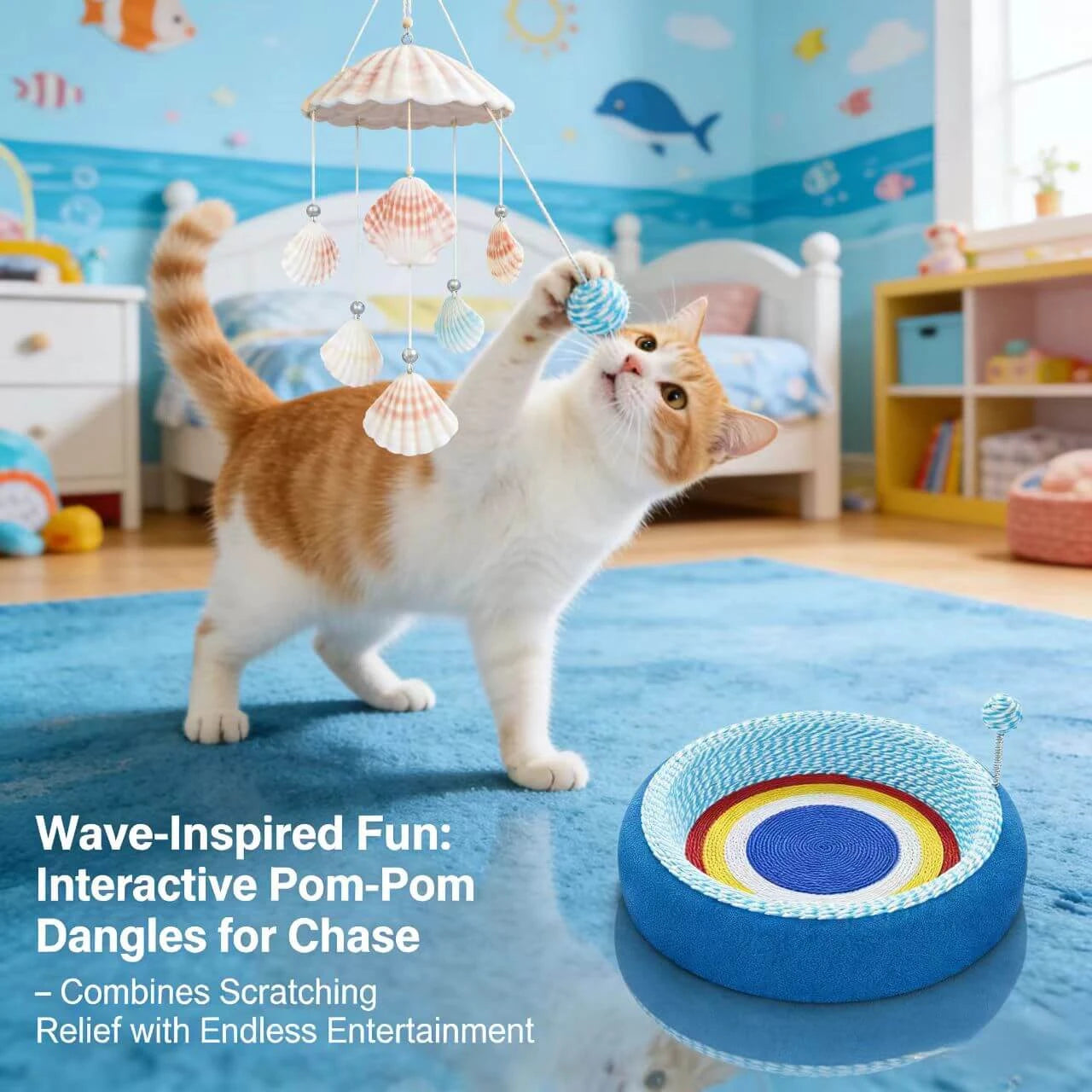 Scratching & Resting Cat Scratcher for Cats - Rope-Woven, Rainbow Core, Teaser Toy, Multi-Colors