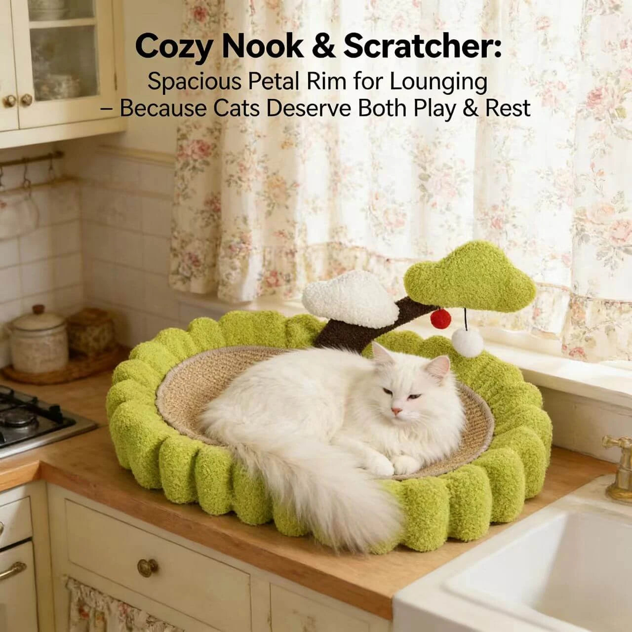 Rest & Scratching Cat Bed/Scratcher for Cats - Fuzzy Green, Tree Teaser, Scratching Pad