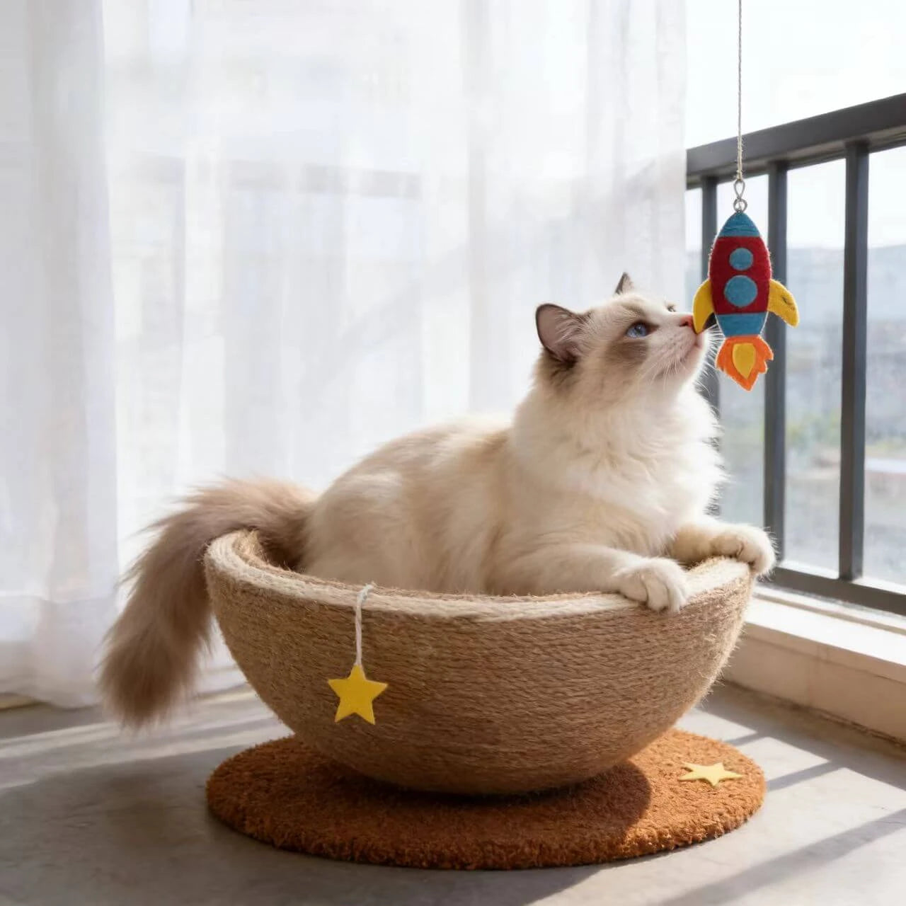 Rest & Scratching Cat Bed & Scratcher for Cats - Jute-Woven, Star Teaser Toy, Rest & Scratching Cat Bed & Scratcher for Cats - Jute-Woven, Star Teaser Toy, Beige