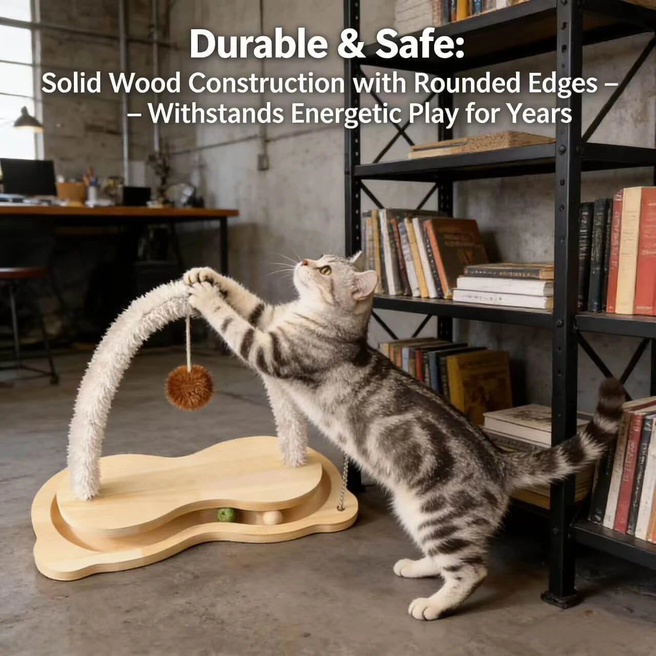 Interactive Play Cat Toy for Cats - Wooden, Fuzzy Arch, Dual Ball (Track & Hanging)