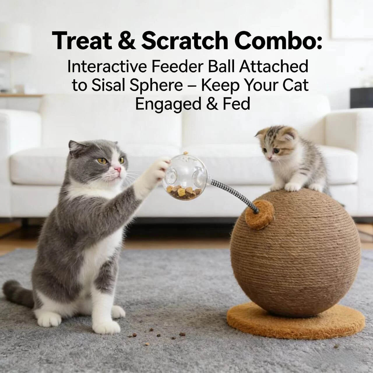 Interactive Treat-Dispensing & Scratching Cat Toy/Ball - Hemp-Woven, Adjustable Hose, Brown