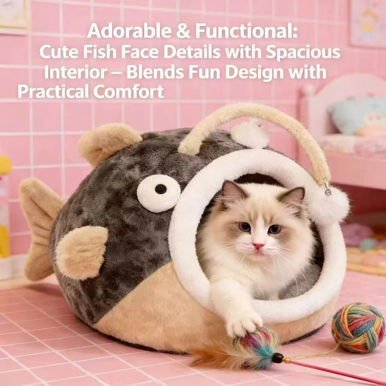 Plush Pet Cave Bed, Fish-Style, Brown/Gray, Secure, Comfortable Sleeping Bed for Cats