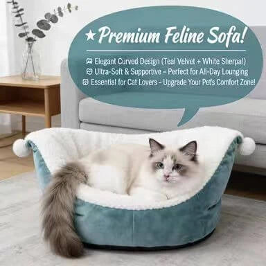 Warm Plush Cat Bed, Teal/White, Premium Cotton Filling, Cold-Weather Cat Rest Spot