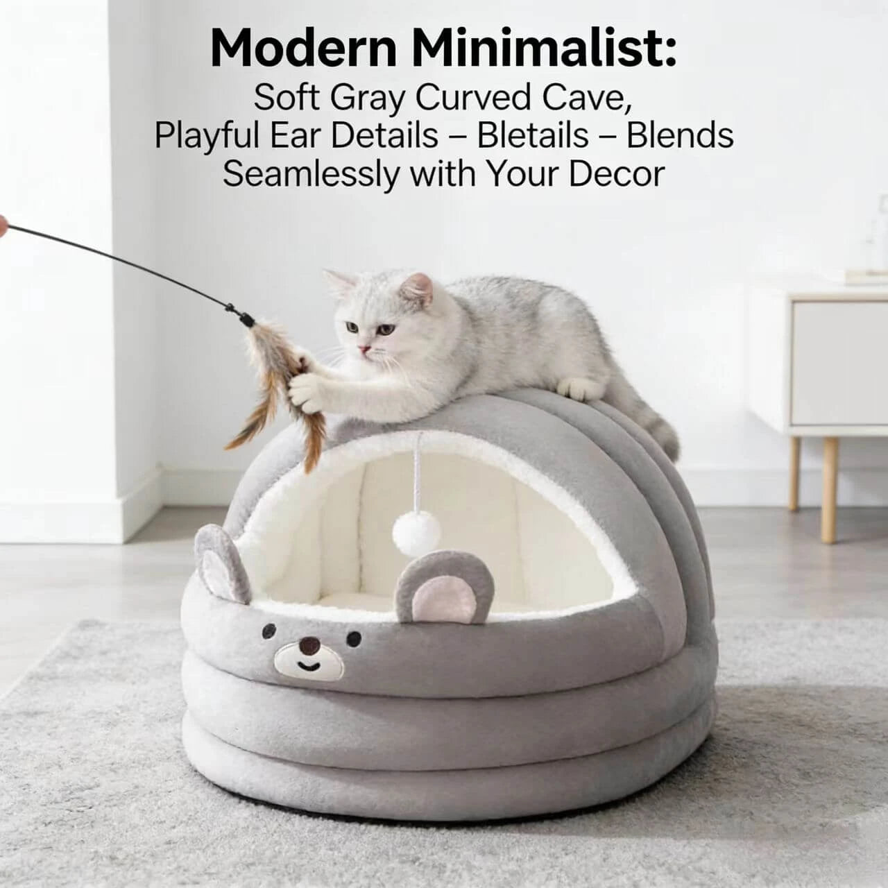 Comfy Seal-Shaped Cat Bed: Gray-White Plush, Built-in Toy Ball for Cats