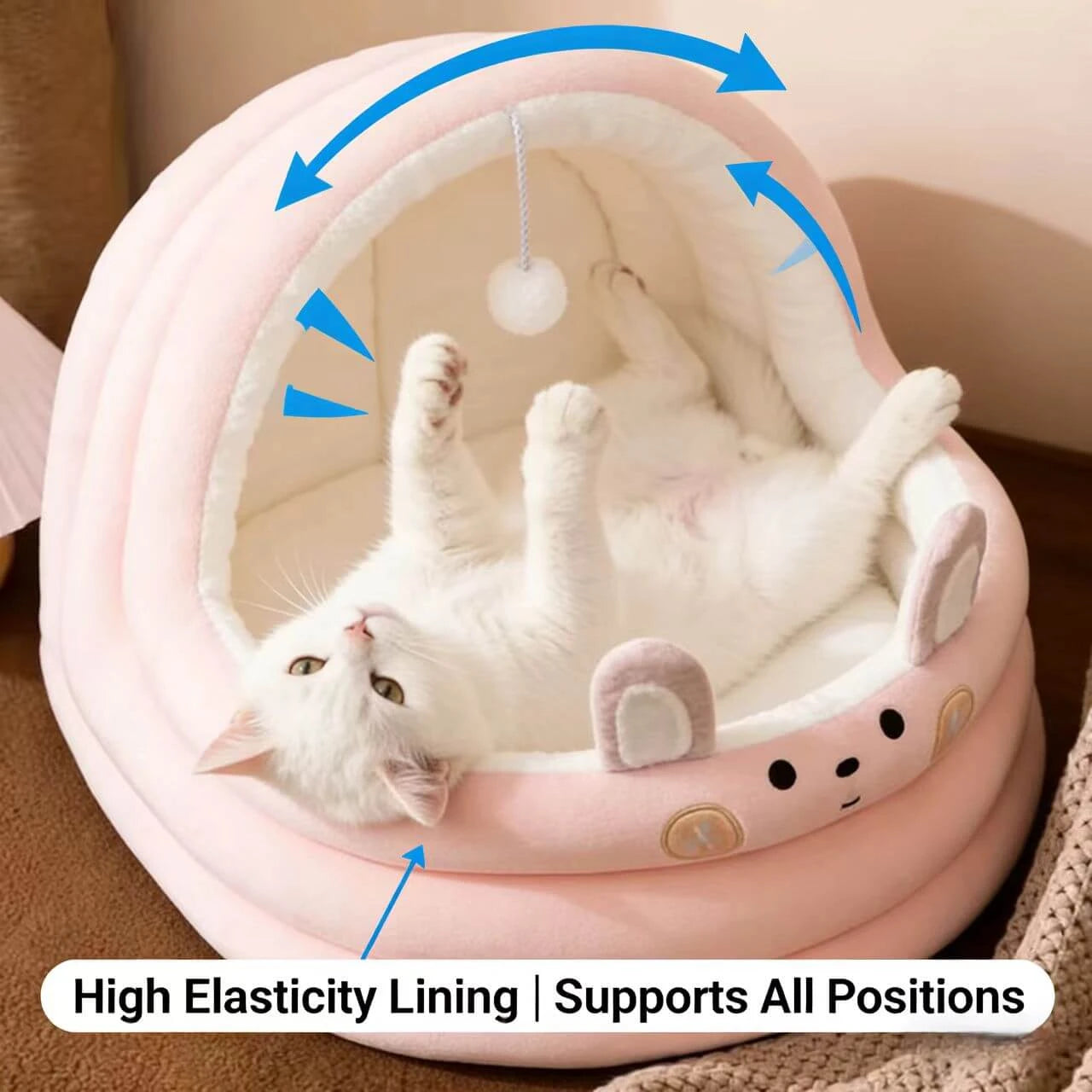 Comfy Seal-Shaped Cat Bed: Gray-White Plush, Built-in Toy Ball for Cats