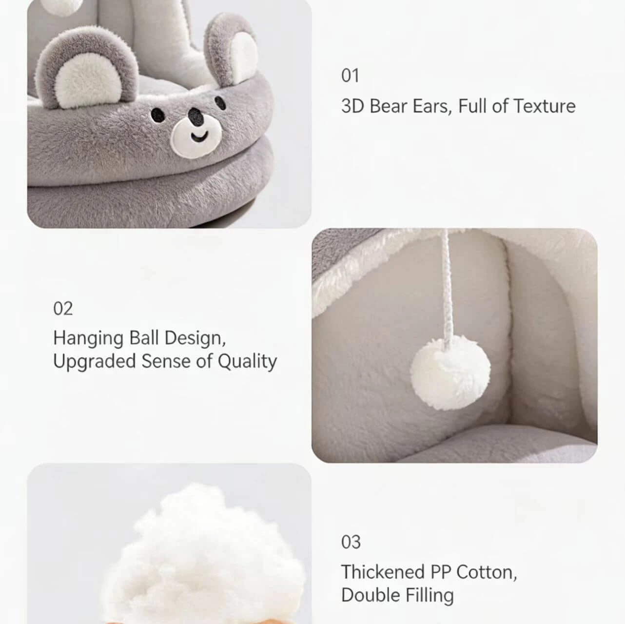 Comfy Seal-Shaped Cat Bed: Gray-White Plush, Built-in Toy Ball for Cats
