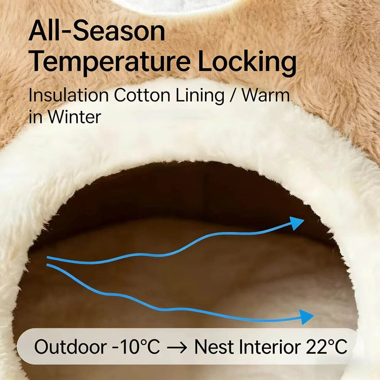 Cozy Bear-Shaped Cat Bed: Beige Plush Fabric, Enclosed Privacy Shelter for Cats/