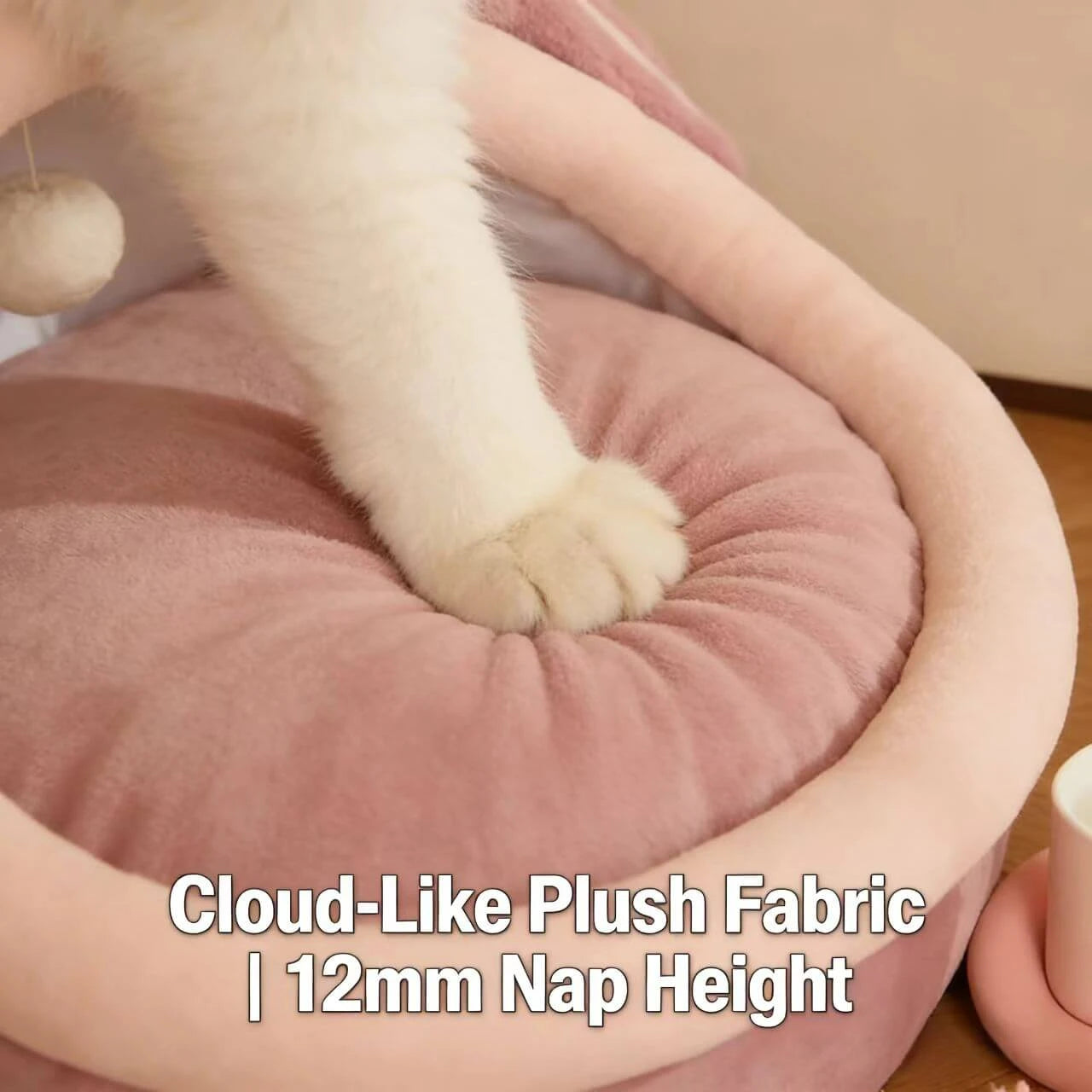 Interactive Comfort Pet Nest: Pink Plush, Rabbit-Ear Design, Built-in Ball Toy for Cats