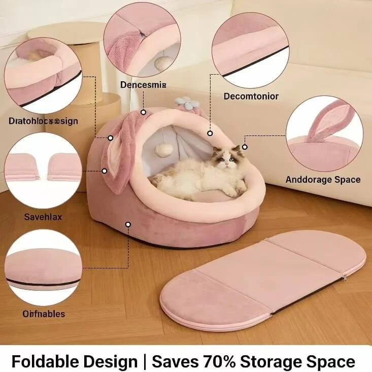 Interactive Comfort Pet Nest: Pink Plush, Rabbit-Ear Design, Built-in Ball Toy for Cats