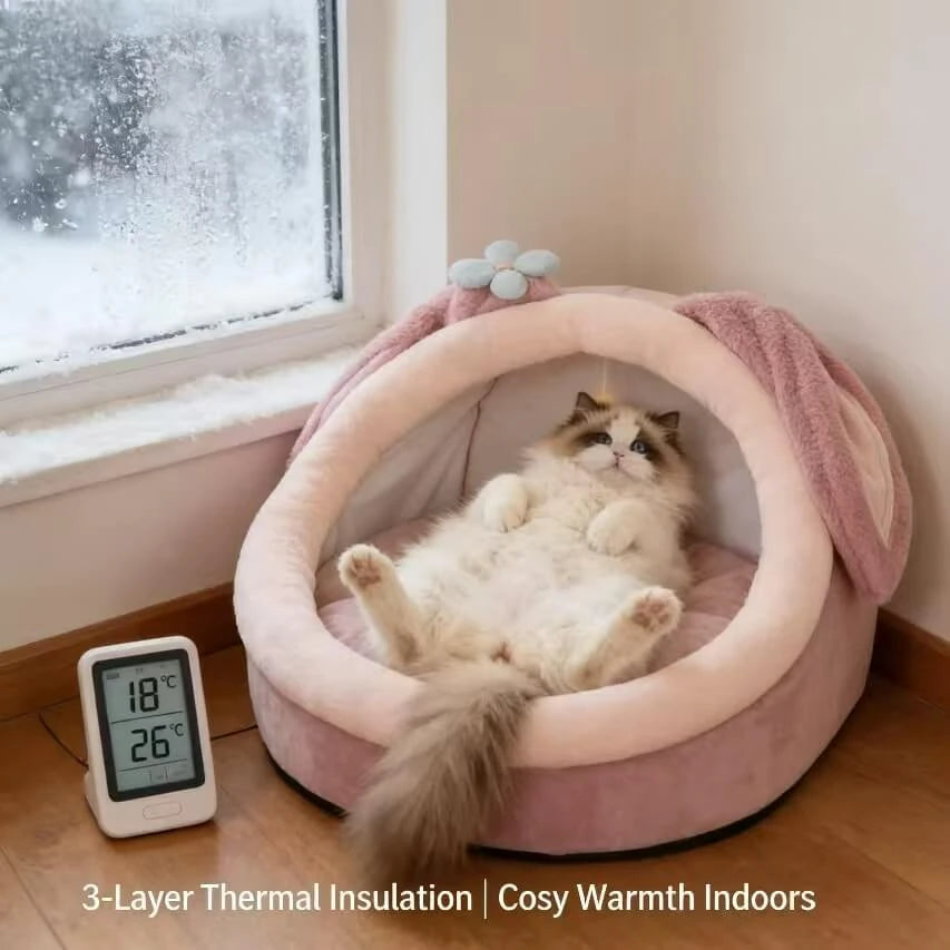 Interactive Comfort Pet Nest: Pink Plush, Rabbit-Ear Design, Built-in Ball Toy for Cats