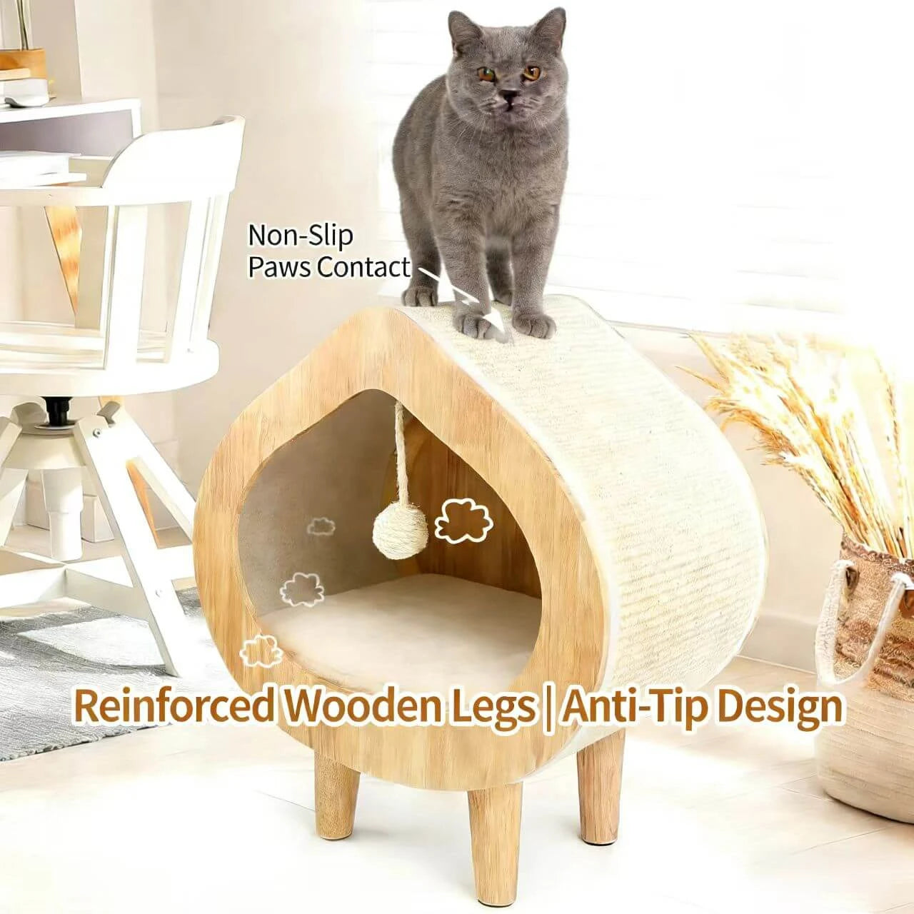 Modern Solid Wood Cat House with Scratching Wall, Cozy Cave Hideout for Indoor Cats
