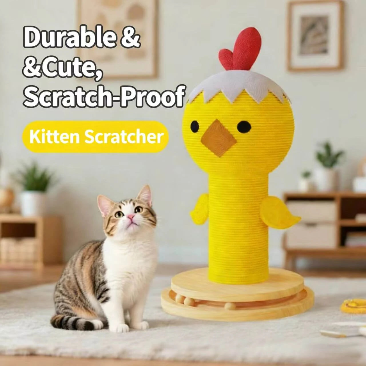 Chick-Shaped Interactive Cat Scratcher Toy - Corrugated Paper, Yellow