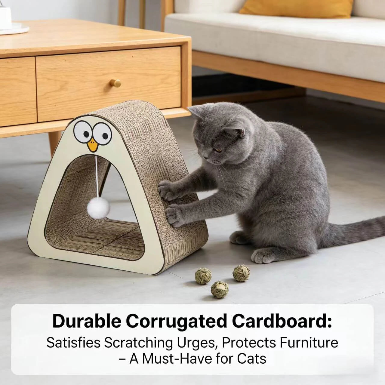 Scratching & Interactive Owl Cat Scratcher/Playhouse for Cats - Corrugated Paper, Pom-Pom Teaser