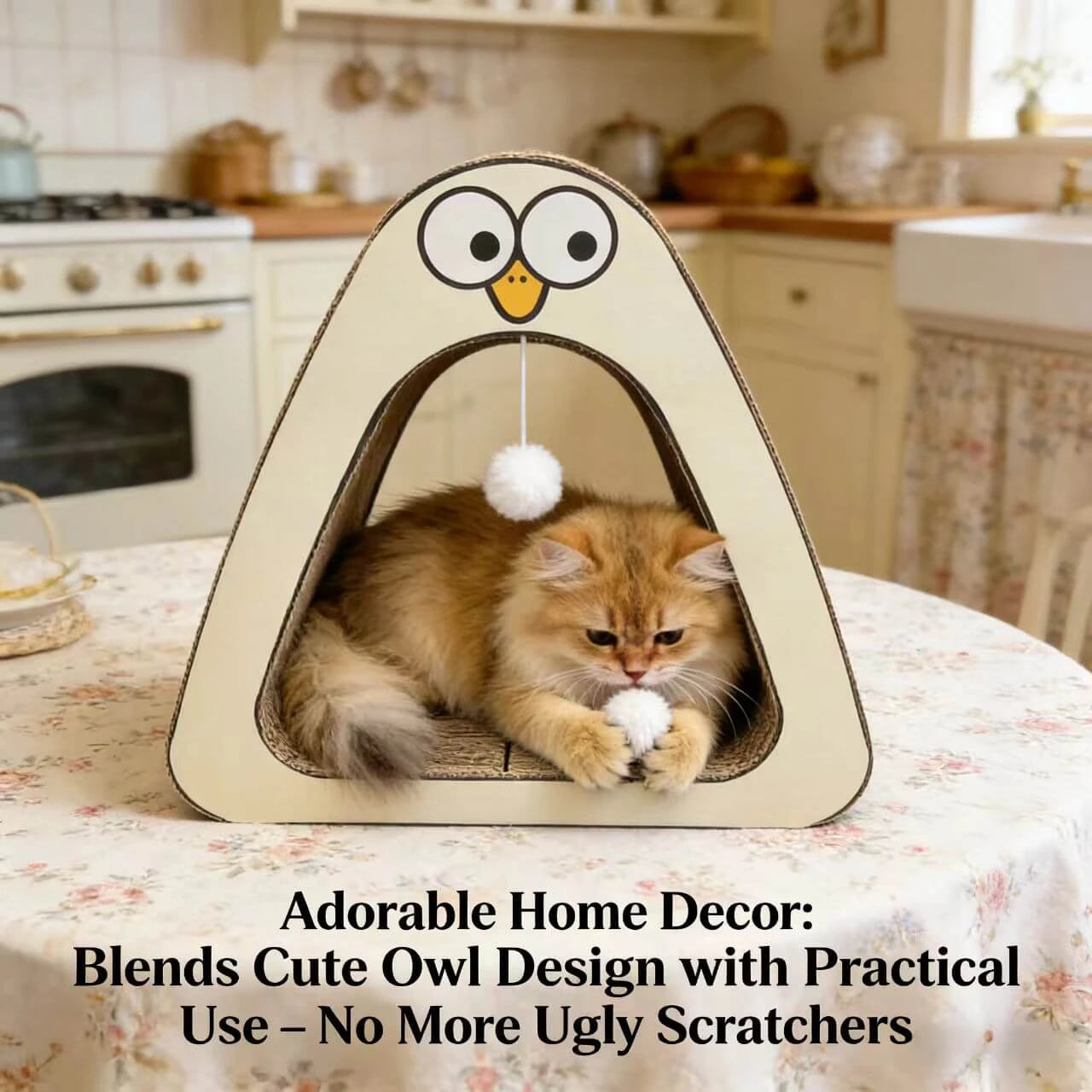 Scratching & Interactive Owl Cat Scratcher/Playhouse for Cats - Corrugated Paper, Pom-Pom Teaser