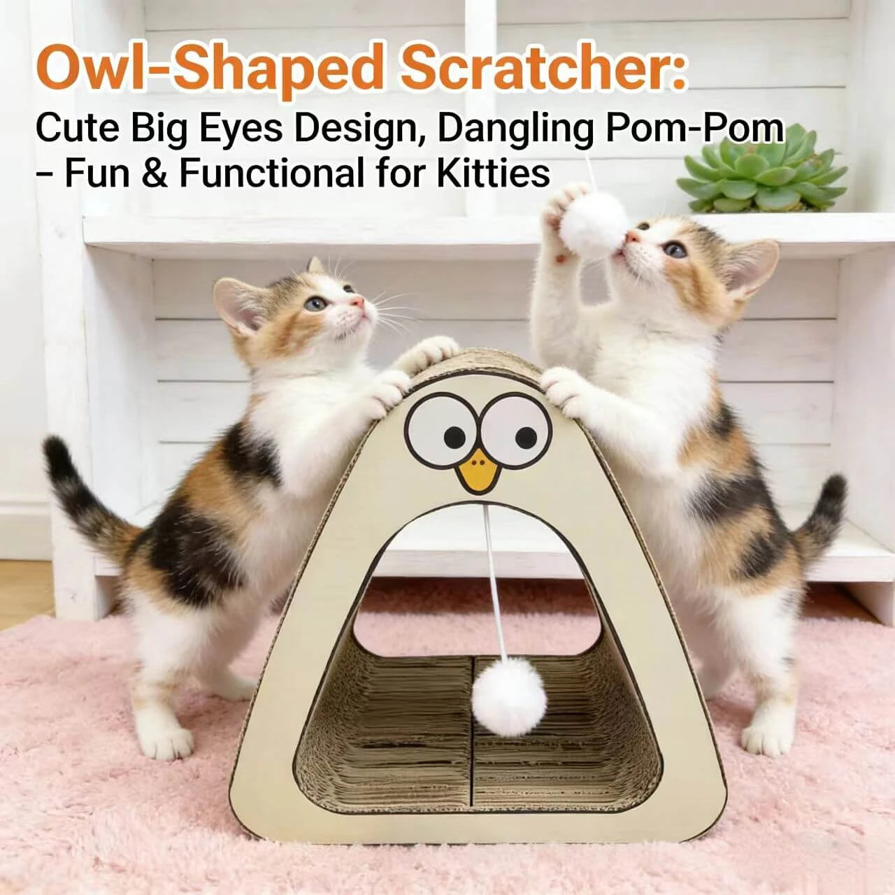 Scratching & Interactive Owl Cat Scratcher/Playhouse for Cats - Corrugated Paper, Pom-Pom Teaser