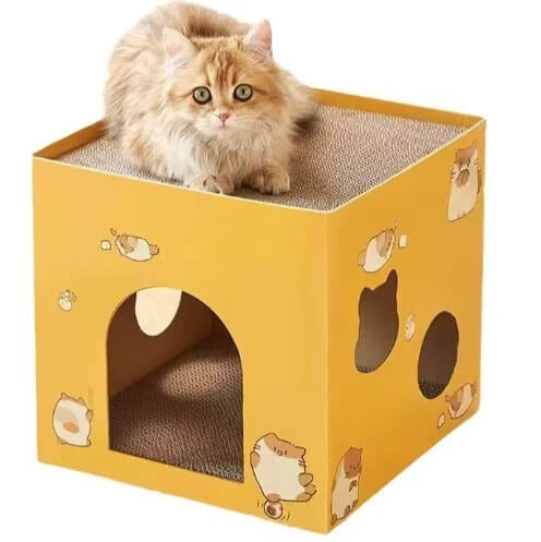 Scratching & Resting Cat House/Scratcher for Cats - Multi-Hole, Cartoon Print, Yellow