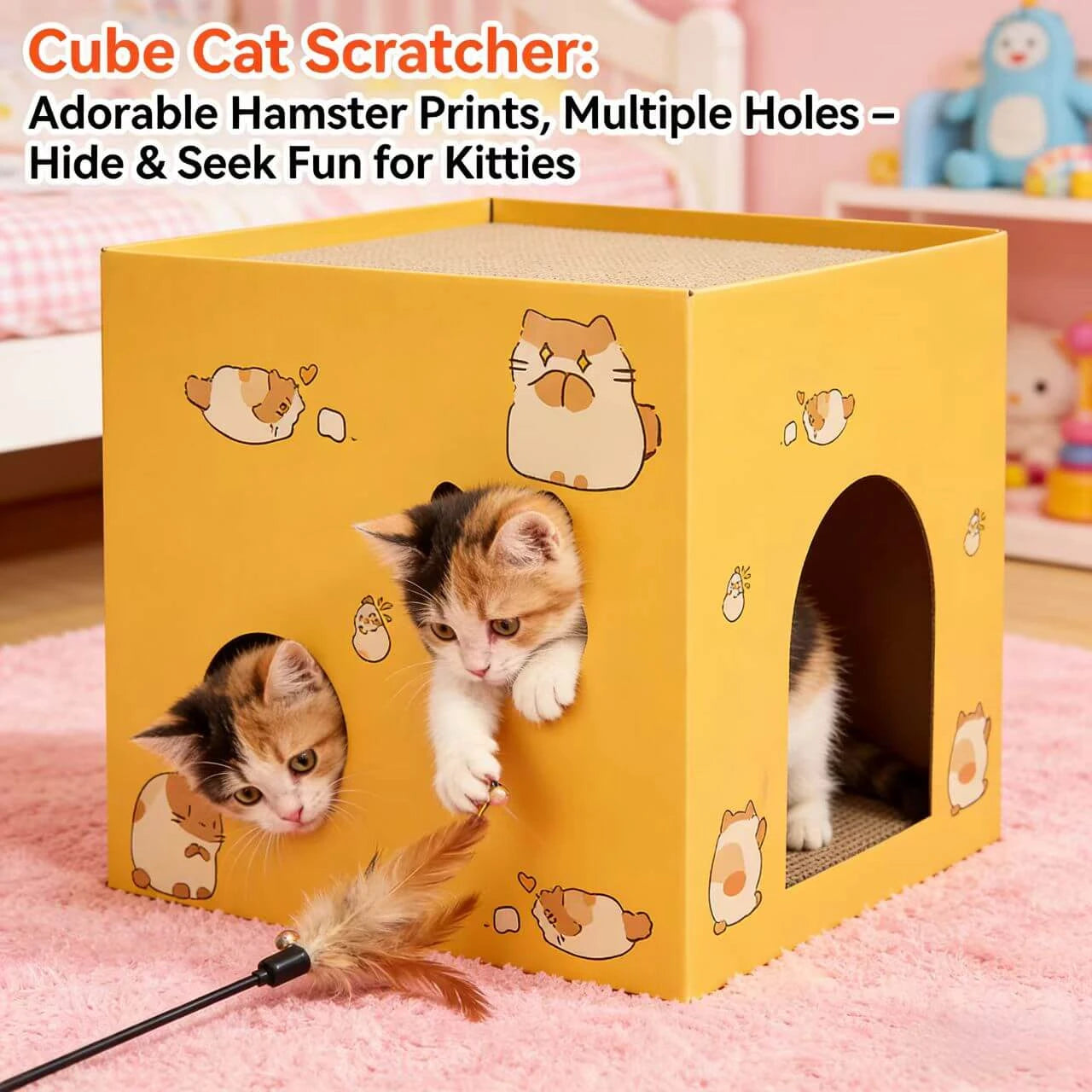 Scratching & Resting Cat House/Scratcher for Cats - Multi-Hole, Cartoon Print, Yellow
