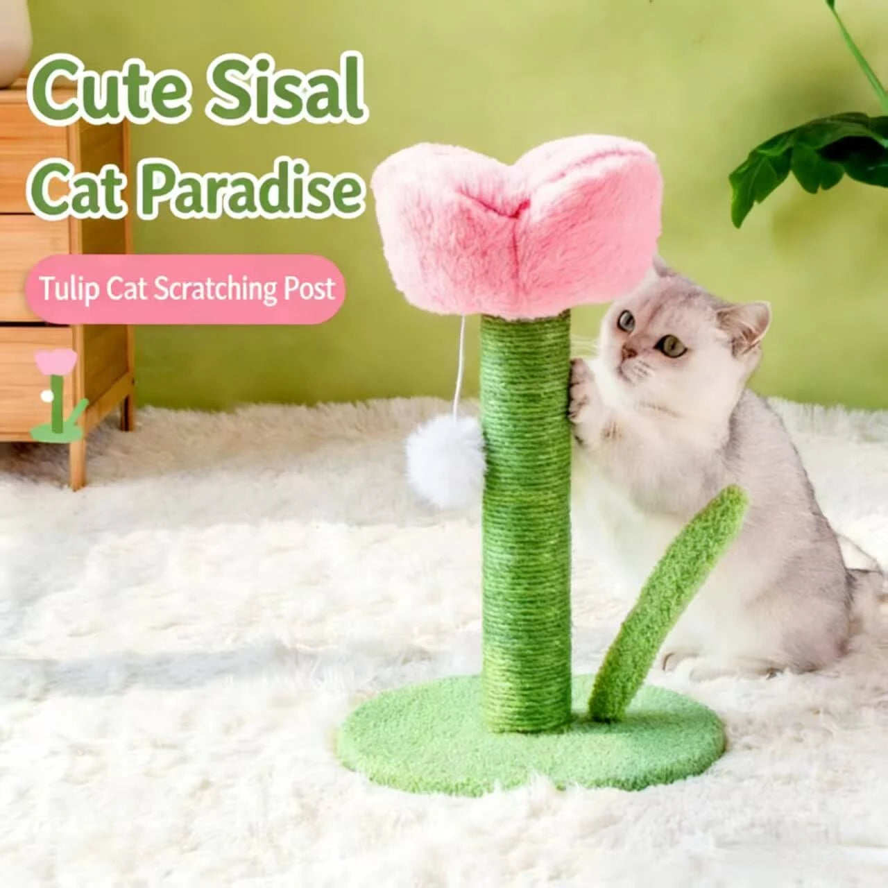 Scratching & Rest Flower Cat Tree/Scratcher for Cats - Pom-Pom Teaser, Rope-Wrapped, Green/Pink