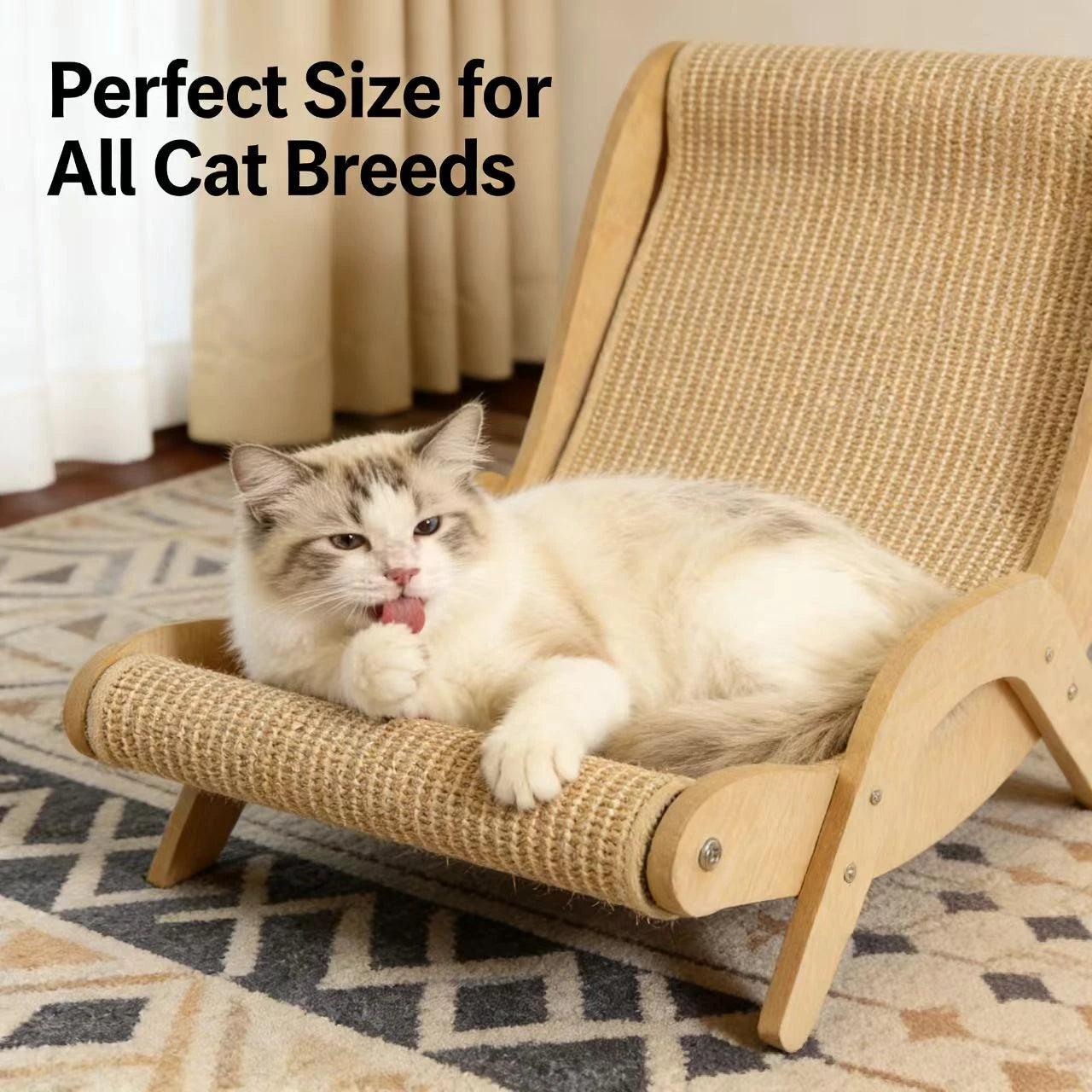 Dual-Use Cat Scratcher | Wooden Rattan Lounge | For All Feline Breeds
