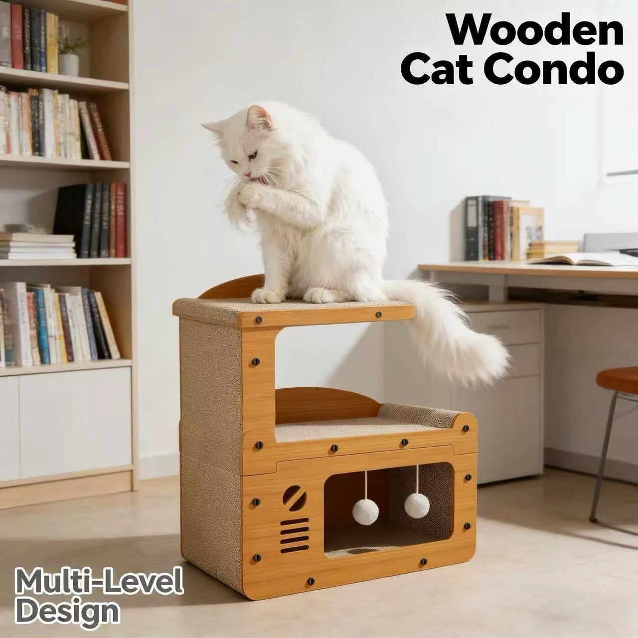 "Interactive Toy-Included Wooden Cat Condo for Cats – Scratching Surface, Enclosed Resting Space, Natural Wood Material"