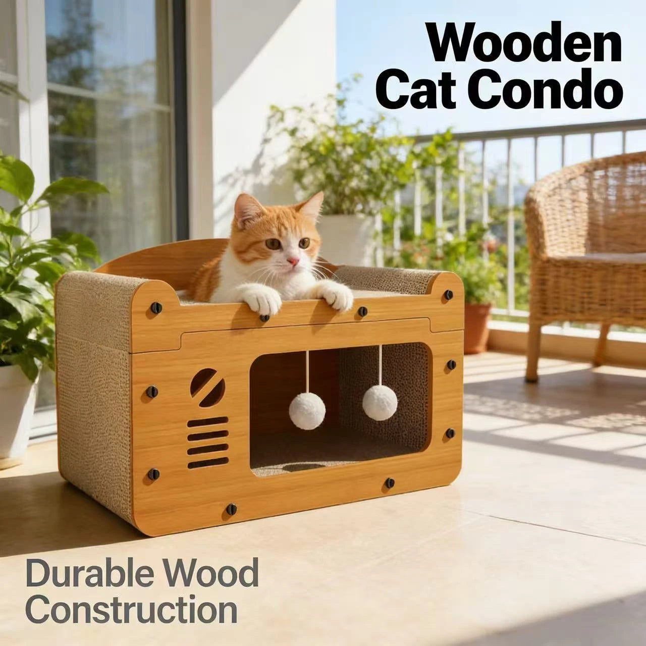 "Interactive Toy-Included Wooden Cat Condo for Cats – Scratching Surface, Enclosed Resting Space, Natural Wood Material"