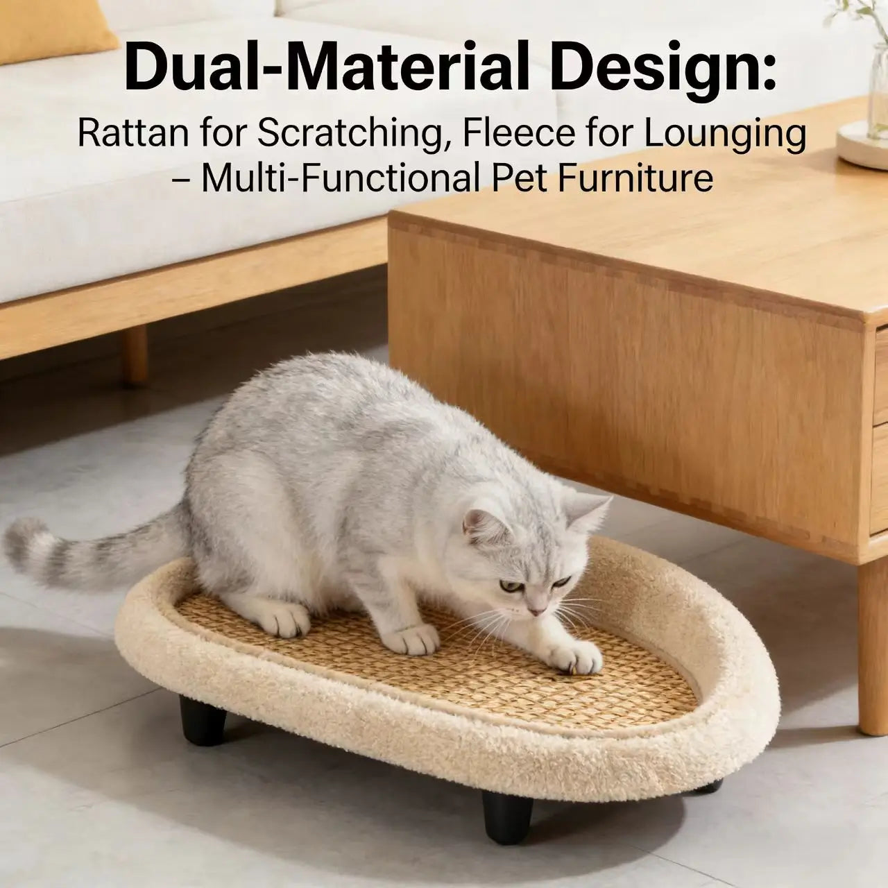 Rest & Scratching Cat Bed/Scratcher for Cats - Plush, Elevated, Beige