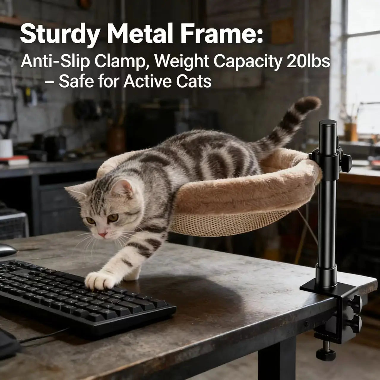 Rest & Adjustable Desk-Mounted Cat Hammock for Cats - Plush, Clip-On, Beige