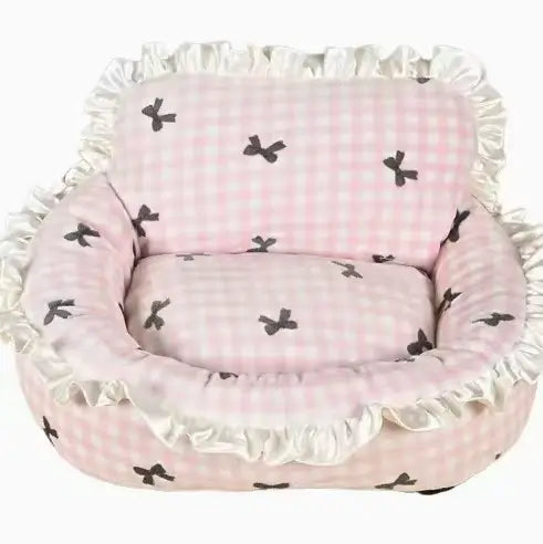 Rest & Stylish Pet Bed for Cats/Dogs - Checkered, Bow Print, Ruffled Trim, Blue/Pink