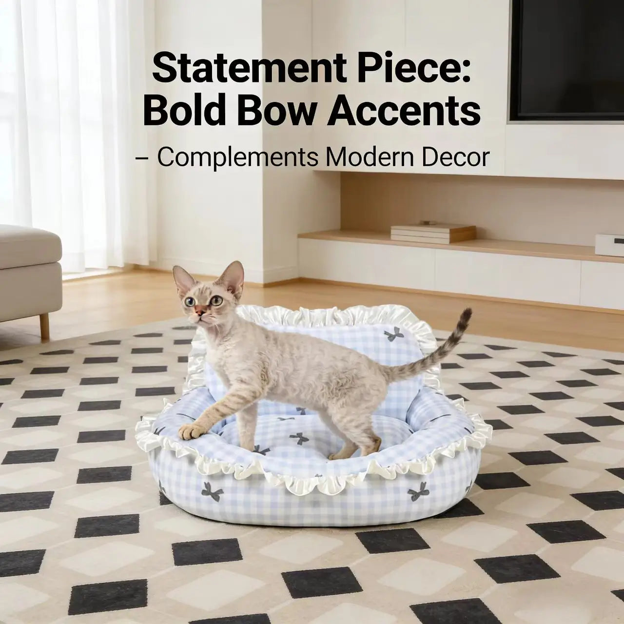 Rest & Stylish Pet Bed for Cats/Dogs - Checkered, Bow Print, Ruffled Trim, Blue/Pink